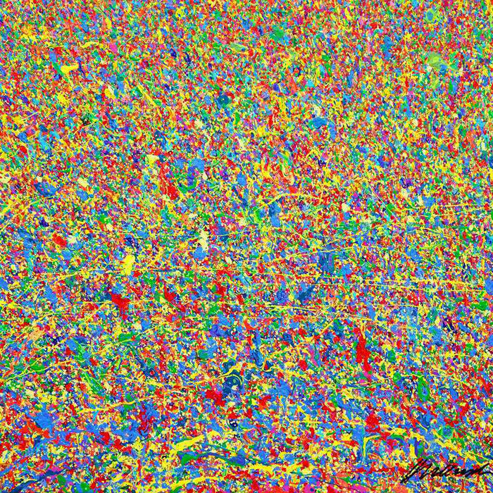 Abstrakte Kunst „Claim 174“ mit dichter, farbintensiver Struktur in Blau und Multicolor, Mischtechnik auf Leinwand, Atelier Hellbusch