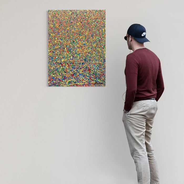 Abstrakte Kunst „Claim 174“ (in situ) mit dichter, farbintensiver Struktur in Blau und Multicolor, Mischtechnik auf Leinwand, Atelier Hellbusch