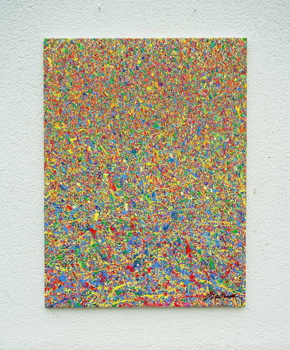 Abstrakte Kunst „Claim 174“ mit dichter, farbintensiver Struktur in Blau und Multicolor, Mischtechnik auf Leinwand, Atelier Hellbusch