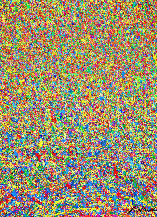 Abstrakte Kunst „Claim 174“ mit dichter, farbintensiver Struktur in Blau und Multicolor, Mischtechnik auf Leinwand, Atelier Hellbusch