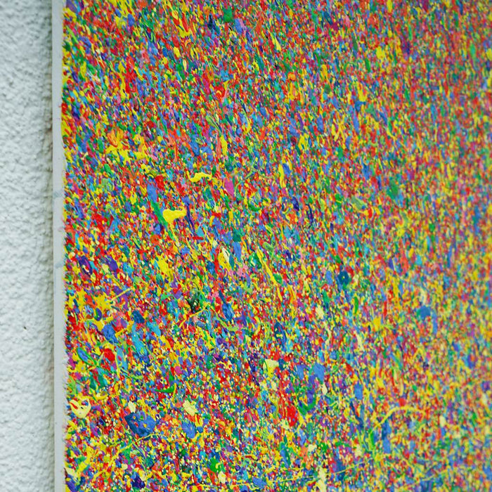 Abstrakte Kunst „Claim 174“ (Seitenperspektive) mit dichter, farbintensiver Struktur in Blau und Multicolor, Mischtechnik auf Leinwand, Atelier Hellbusch