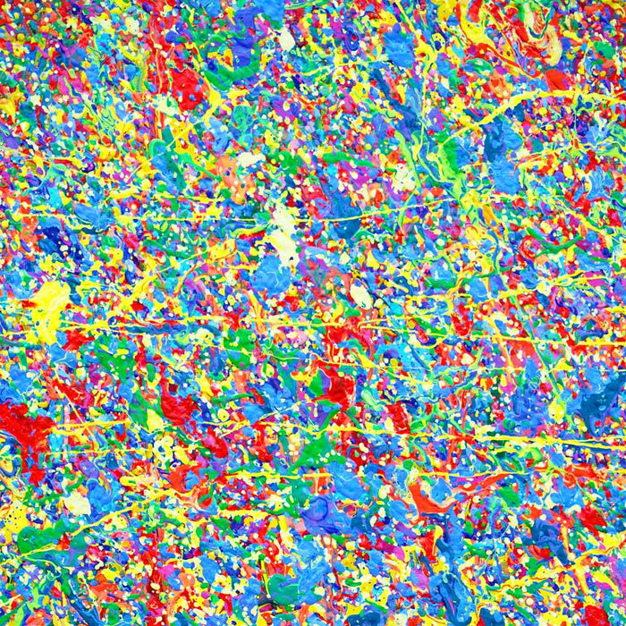 Abstrakte Kunst „Claim 174“ (Nahaufnahme) mit dichter, farbintensiver Struktur in Blau und Multicolor, Mischtechnik auf Leinwand, Atelier Hellbusch