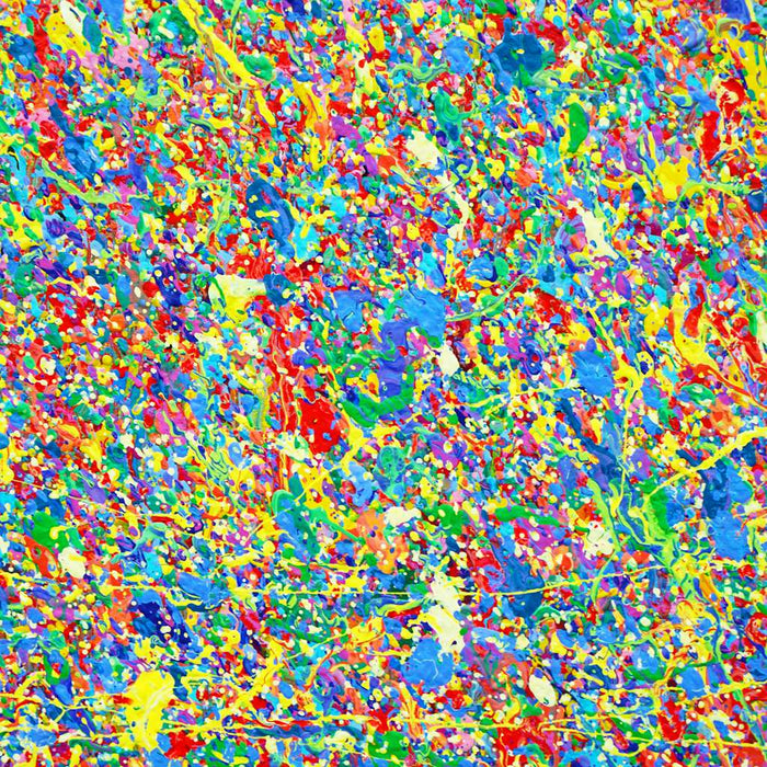 Abstrakte Kunst „Claim 174“ (Nahaufnahme) mit dichter, farbintensiver Struktur in Blau und Multicolor, Mischtechnik auf Leinwand, Atelier Hellbusch