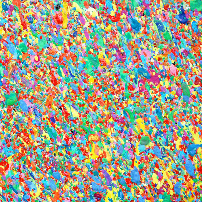 Abstrakte Kunst „Claim 174“ (Nahaufnahme) mit dichter, farbintensiver Struktur in Blau und Multicolor, Mischtechnik auf Leinwand, Atelier Hellbusch