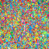Abstrakte Kunst „Claim 174“ (Nahaufnahme) mit dichter, farbintensiver Struktur in Blau und Multicolor, Mischtechnik auf Leinwand, Atelier Hellbusch