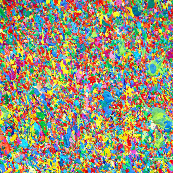 Abstrakte Kunst „Claim 174“ (Nahaufnahme) mit dichter, farbintensiver Struktur in Blau und Multicolor, Mischtechnik auf Leinwand, Atelier Hellbusch