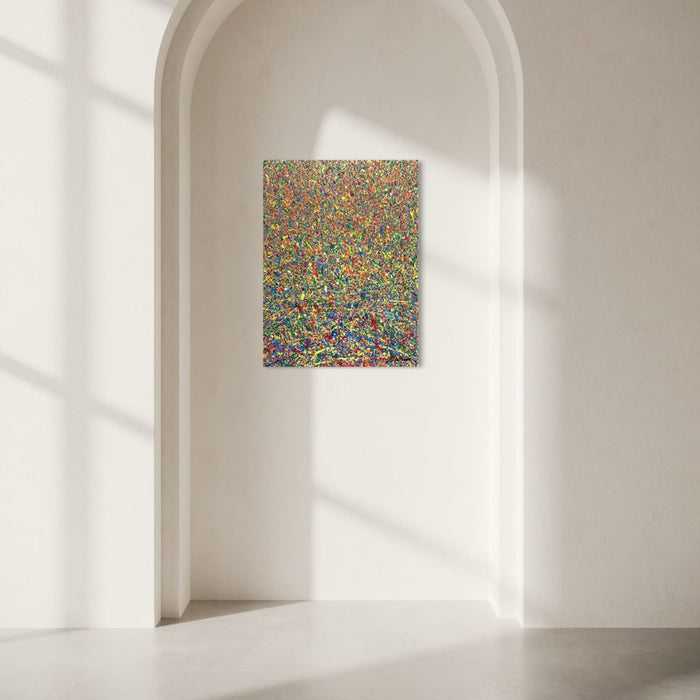 Abstrakte Kunst „Claim 174“ (in situ) mit dichter, farbintensiver Struktur in Blau und Multicolor, Mischtechnik auf Leinwand, Atelier Hellbusch