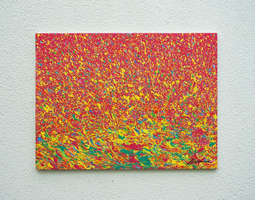 Abstrakte Kunst „Claim 175“ mit intensiver Farbstruktur in Rot und Gelb, Mischtechnik auf Leinwand, Atelier Hellbusch
