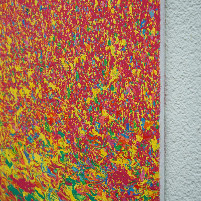Abstrakte Kunst „Claim 175“ (Seitenperspektive) mit intensiver Farbstruktur in Rot und Gelb, Mischtechnik auf Leinwand, Atelier Hellbusch