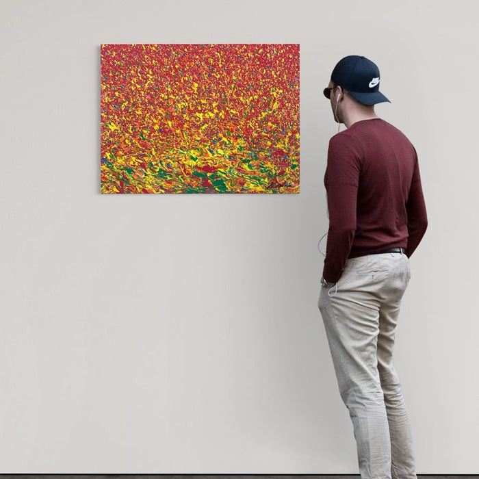 Abstrakte Kunst „Claim 175“ (in situ) mit intensiver Farbstruktur in Rot und Gelb, Mischtechnik auf Leinwand, Atelier Hellbusch