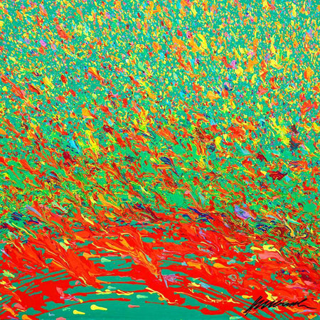 Abstrakte Kunst „Claim 176“ (Ausschnitt) leuchtend und expressiv in Grün und Rot, hochwertige Mischtechnik auf Leinwand