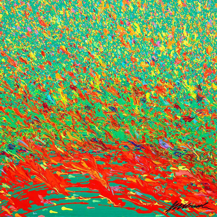 Abstrakte Kunst „Claim 176“ (Ausschnitt) leuchtend und expressiv in Grün und Rot, hochwertige Mischtechnik auf Leinwand