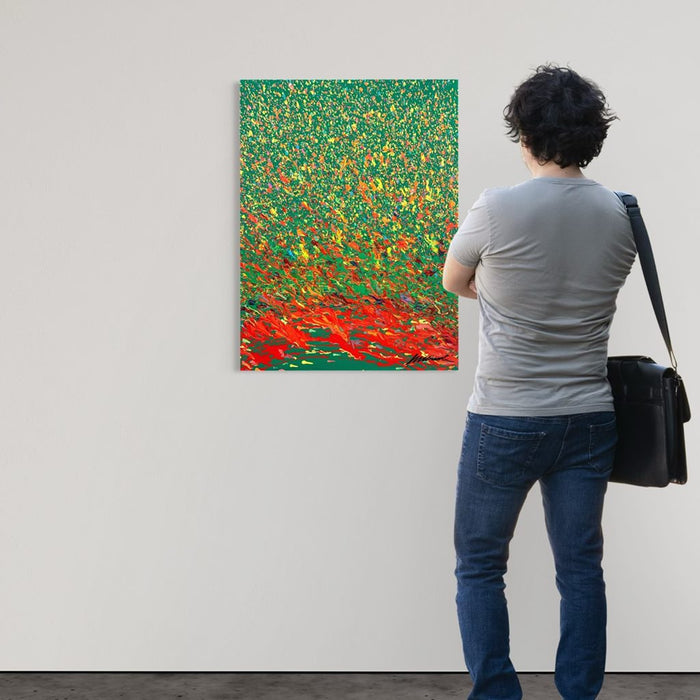 Abstrakte Kunst „Claim 176“ (in situ) leuchtend und expressiv in Grün und Rot, hochwertige Mischtechnik auf Leinwand. Künstler Mark Hellbusch