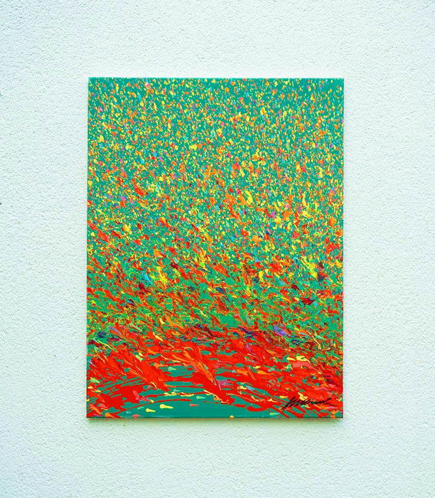 Abstrakte Kunst „Claim 176“ leuchtend und expressiv in Grün und Rot, hochwertige Mischtechnik auf Leinwand