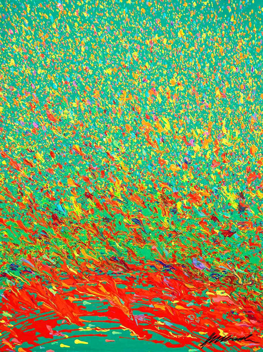 Abstrakte Kunst „Claim 176“ leuchtend und expressiv in Grün und Rot, hochwertige Mischtechnik auf Leinwand