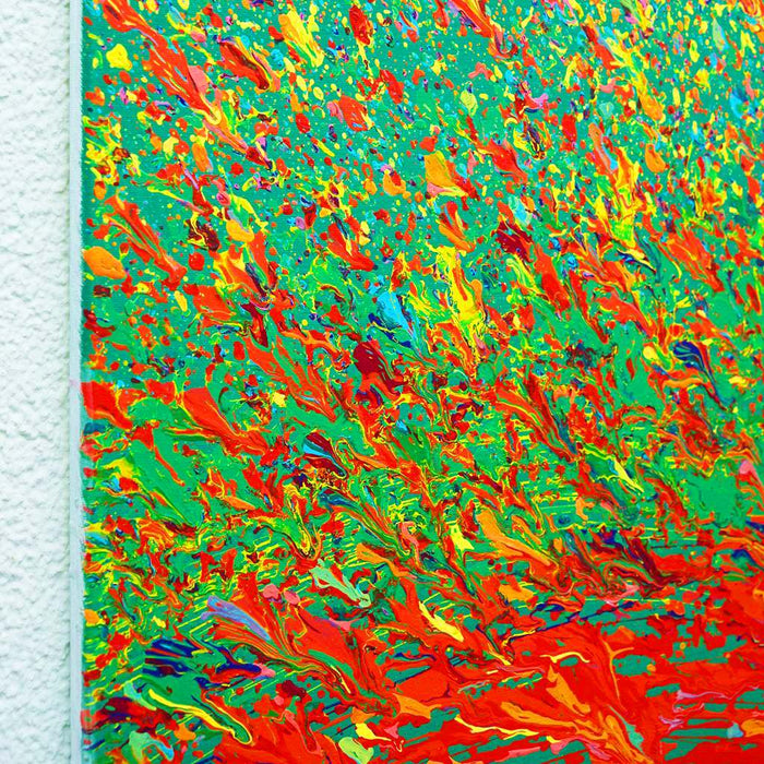 Abstrakte Kunst „Claim 176“ (Seite) leuchtend und expressiv in Grün und Rot, hochwertige Mischtechnik auf Leinwand