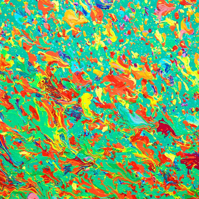 Abstrakte Kunst „Claim 176“ (Nahaufnahme) leuchtend und expressiv in Grün und Rot, hochwertige Mischtechnik auf Leinwand. Künstler Mark Hellbusch