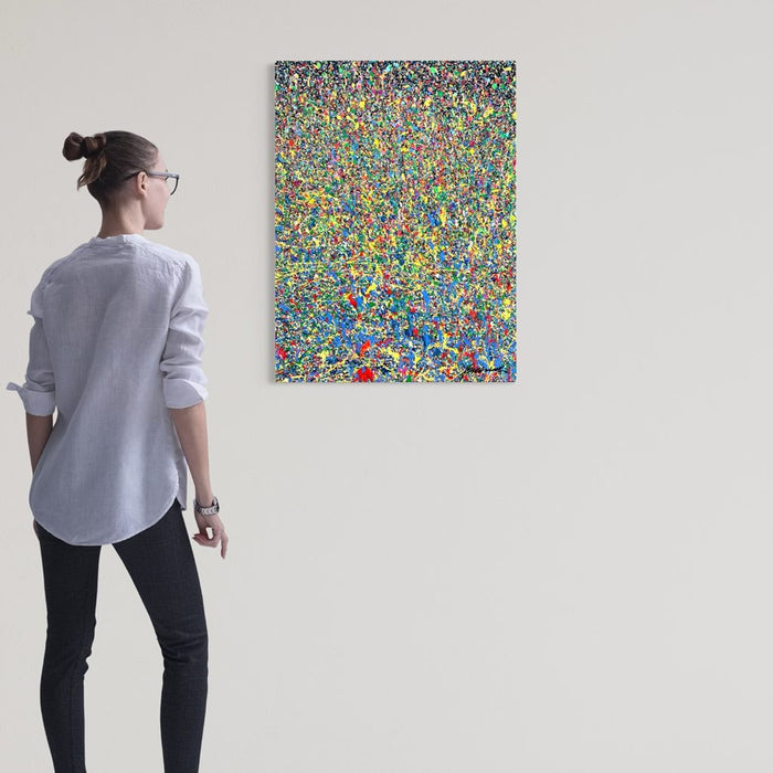 Abstrakte Kunst „Claim 177“ (in situ) farbstark und einzigartig mit dichter Struktur in Blau und Multicolor, Mischtechnik auf Leinwand. Künstler Mark Hellbusch