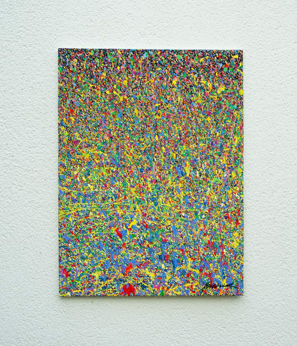 Abstrakte Kunst „Claim 177“ (in situ) farbstark und einzigartig mit dichter Struktur in Blau und Multicolor, Mischtechnik auf Leinwand. Künstler Mark Hellbusch