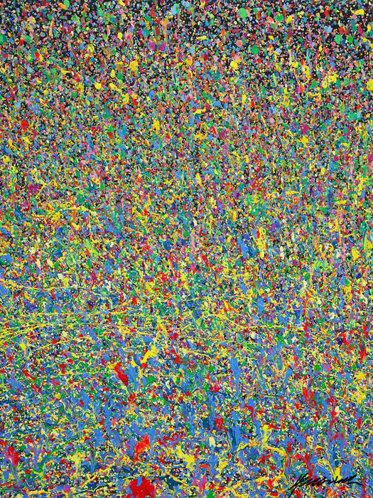 Abstrakte Kunst „Claim 177“ farbstark und einzigartig mit dichter Struktur in Blau und Multicolor, Mischtechnik auf Leinwand. Künstler Mark Hellbusch