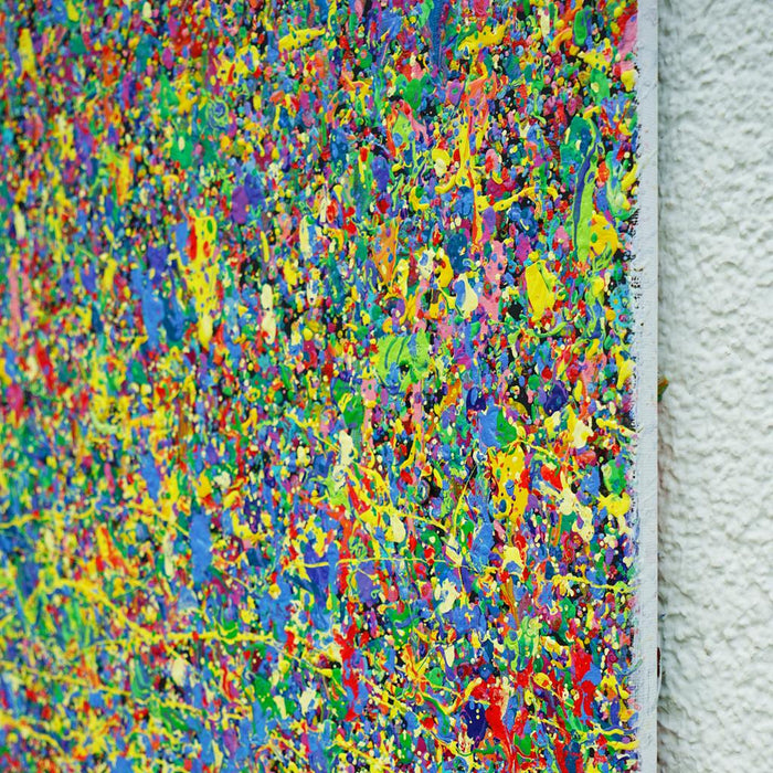 Abstrakte Kunst „Claim 177“ (Seite) farbstark und einzigartig mit dichter Struktur in Blau und Multicolor, Mischtechnik auf Leinwand. Künstler Mark Hellbusch