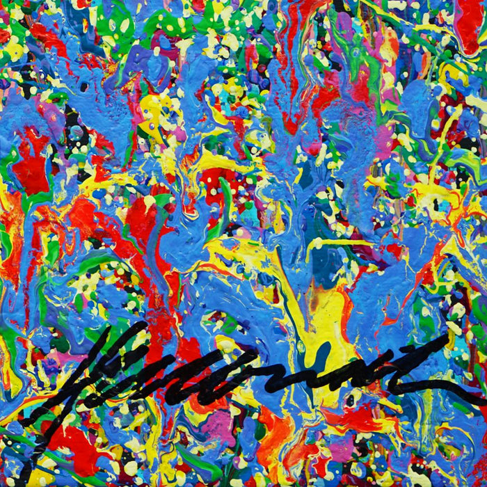 Abstrakte Kunst „Claim 177“ (Sig) farbstark und einzigartig mit dichter Struktur in Blau und Multicolor, Mischtechnik auf Leinwand. Künstler Mark Hellbusch