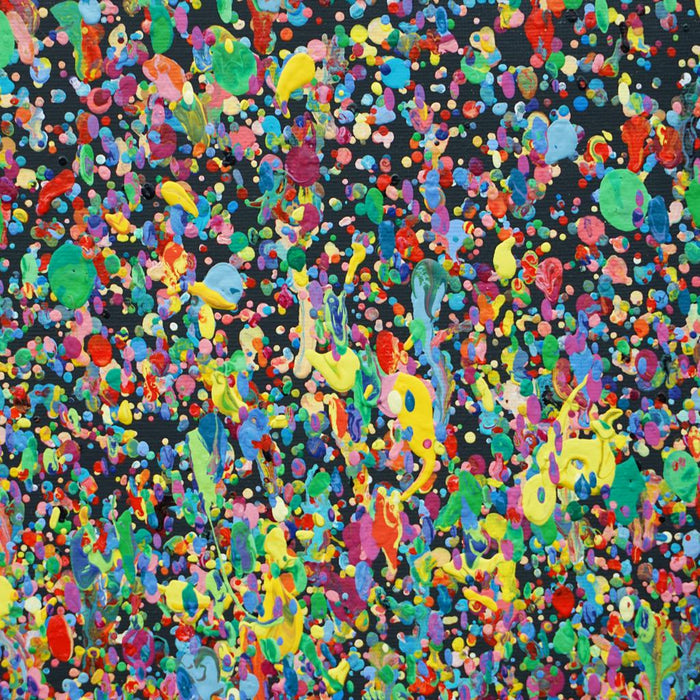 Abstrakte Kunst „Claim 177“ (Ausschnitt) farbstark und einzigartig mit dichter Struktur in Blau und Multicolor, Mischtechnik auf Leinwand. Künstler Mark Hellbusch