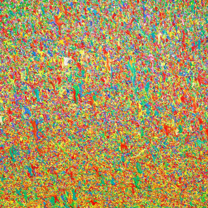 Abstrakte Kunst „Claim 179“ (Ausschnitt), farbenprächtiges Kunstwerk mit dichter Struktur in Rot, Grün und Gelb, Mischtechnik auf Leinwand. Künstler Mark Hellbusch