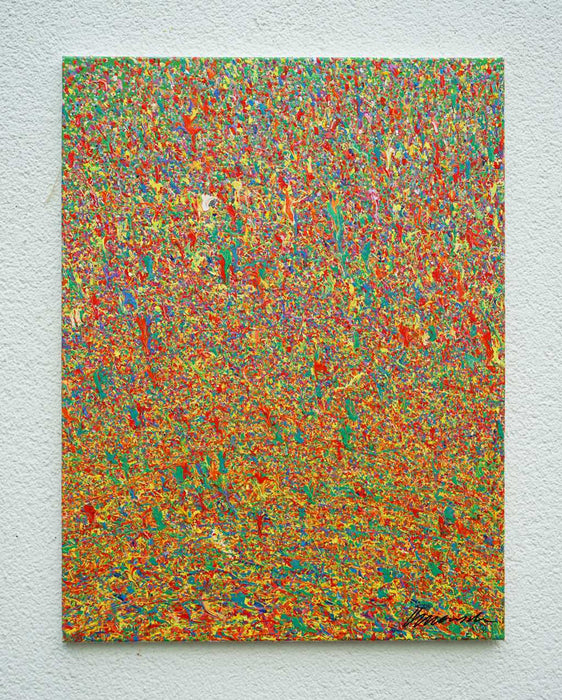 Abstrakte Kunst „Claim 179“ (in situ), farbenprächtiges Kunstwerk mit dichter Struktur in Rot, Grün und Gelb, Mischtechnik auf Leinwand. Künstler Mark Hellbusch