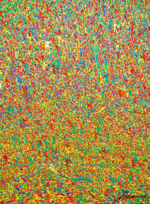 Abstrakte Kunst „Claim 179“, farbenprächtiges Kunstwerk mit dichter Struktur in Rot, Grün und Gelb, Mischtechnik auf Leinwand. Künstler Mark Hellbusch