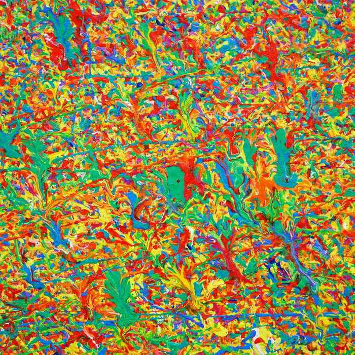 Abstrakte Kunst „Claim 179“ (Ausschnitt), farbenprächtiges Kunstwerk mit dichter Struktur in Rot, Grün und Gelb, Mischtechnik auf Leinwand. Künstler Mark Hellbusch