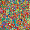 Abstrakte Kunst „Claim 179“ (Ausschnitt), farbenprächtiges Kunstwerk mit dichter Struktur in Rot, Grün und Gelb, Mischtechnik auf Leinwand. Künstler Mark Hellbusch