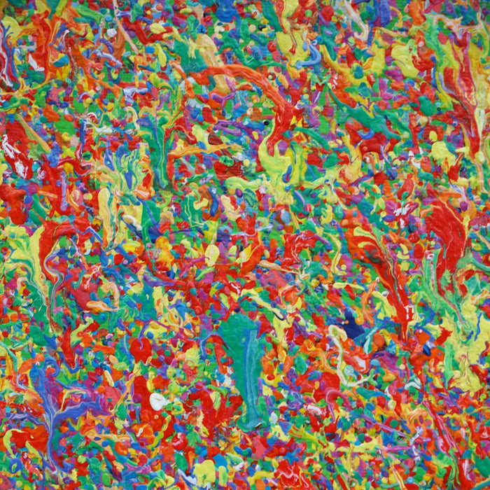 Abstrakte Kunst „Claim 179“ (Ausschnitt), farbenprächtiges Kunstwerk mit dichter Struktur in Rot, Grün und Gelb, Mischtechnik auf Leinwand. Künstler Mark Hellbusch