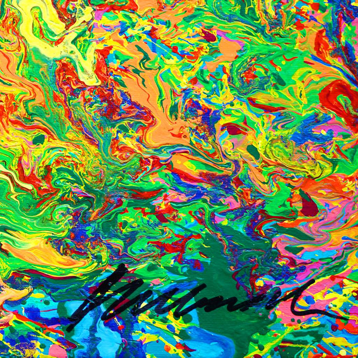 Detailansicht (Signatur) Claim 180, abstrakte explosive Farbstruktur in Blau, Rot und Gelb, Atelier Hellbusch