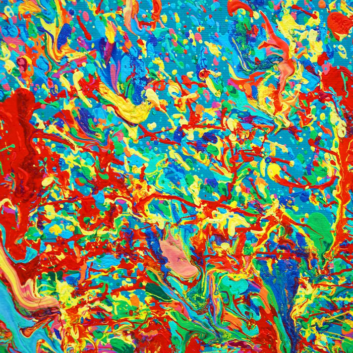 Detailansicht Claim 180, abstrakte explosive Farbstruktur in Blau, Rot und Gelb, Atelier Hellbusch