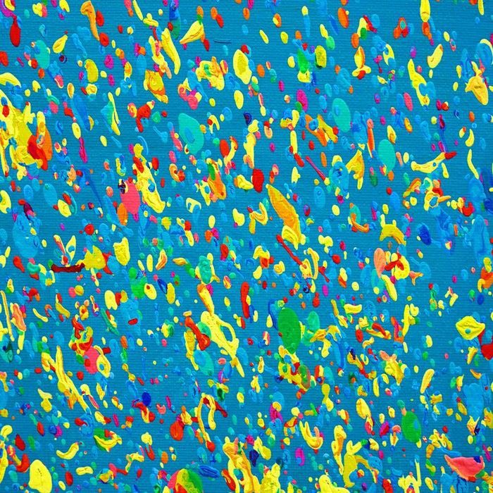 Detailansicht Claim 180, abstrakte explosive Farbstruktur in Blau, Rot und Gelb, Atelier Hellbusch