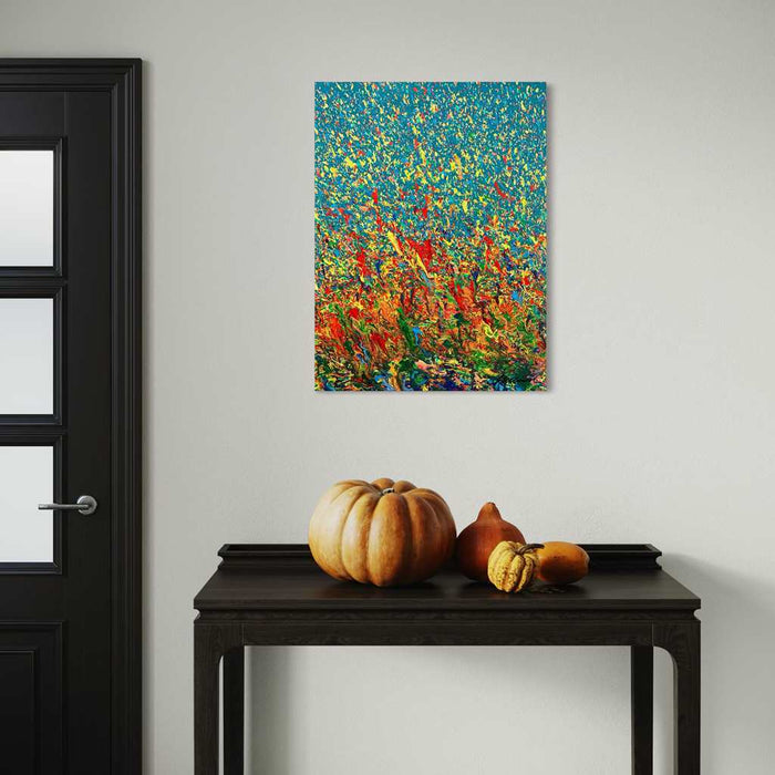 Kraftvolles abstraktes Gemälde Claim 180 mit blauem Hintergrund im Raum, Atelier Hellbusch