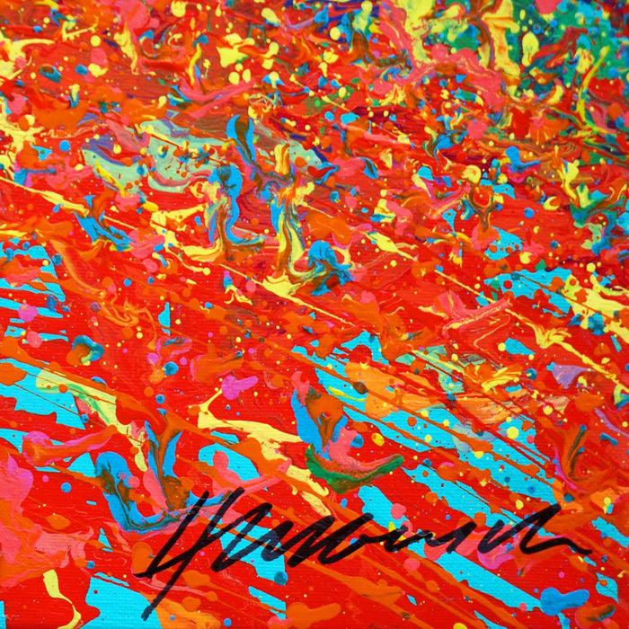 Detailansicht (Signatur) Claim 181, einzigartige abstrakte Farbstruktur in Blau und Rot, Atelier Hellbusch