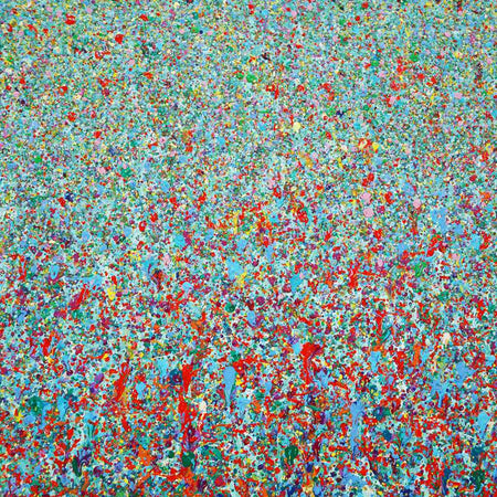 Abstraktes Kunstwerk Claim 183 mit harmonischer Farbabstimmung in Blau und Rot, 80x60 cm, Atelier Hellbusch