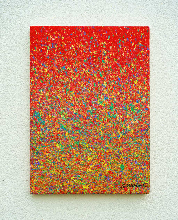 Intensives abstraktes Kunstwerk Claim 184 mit roter Farbdichte, Acryl und Lack auf Leinwand, 70x50 cm, Atelier Hellbusch