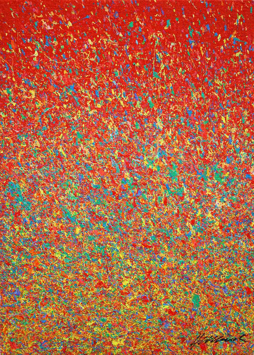 Intensives abstraktes Kunstwerk Claim 184 mit roter Farbdichte, Acryl und Lack auf Leinwand, 70x50 cm, Atelier Hellbusch