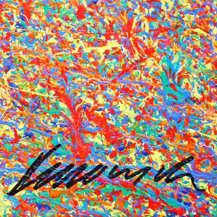 Detailansicht Claim 185 (Signatur), kraftvolle abstrakte Farbstruktur mit blauem Hintergrund, Atelier Hellbusch