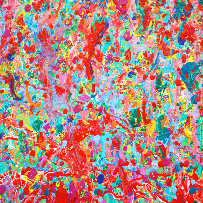 Detailansicht Claim 186, leuchtende abstrakte Farbstruktur mit roten und grünen Akzenten, Atelier Hellbusch