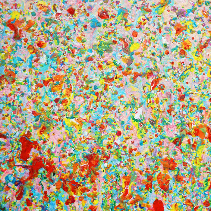 Detailansicht Claim 186, leuchtende abstrakte Farbstruktur mit roten und grünen Akzenten, Atelier Hellbusch