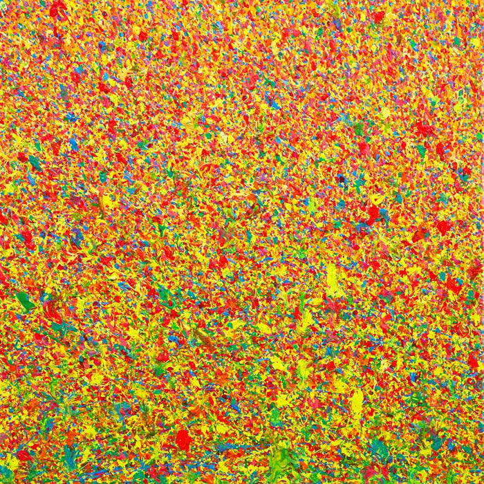 Abstraktes warmes Gemälde Claim 187, moderne Abstraktion in Gelb, Rot und Grün, 70x50 cm