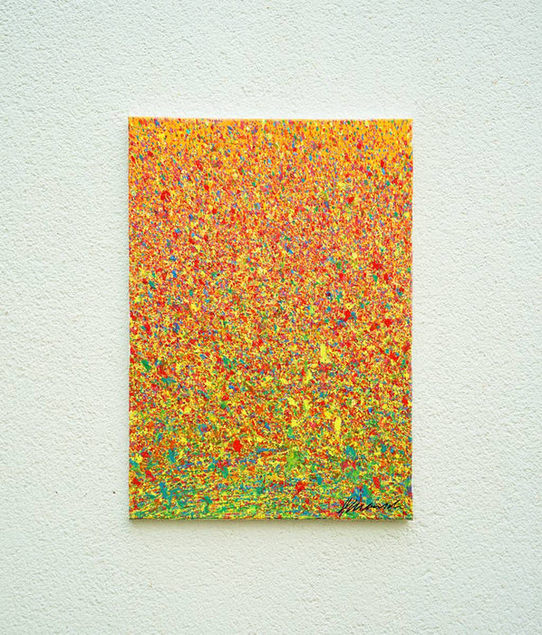 Abstraktes warmes Gemälde Claim 187, moderne Abstraktion in Gelb, Rot und Grün, 70x50 cm