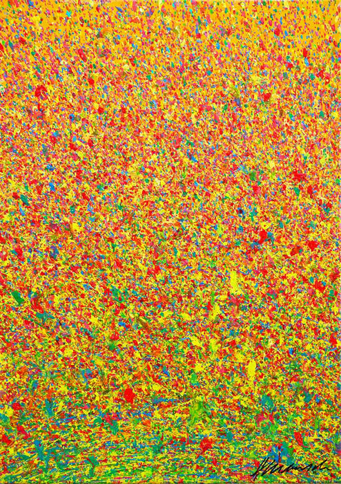 Abstraktes warmes Gemälde Claim 187, moderne Abstraktion in Gelb, Rot und Grün, 70x50 cm