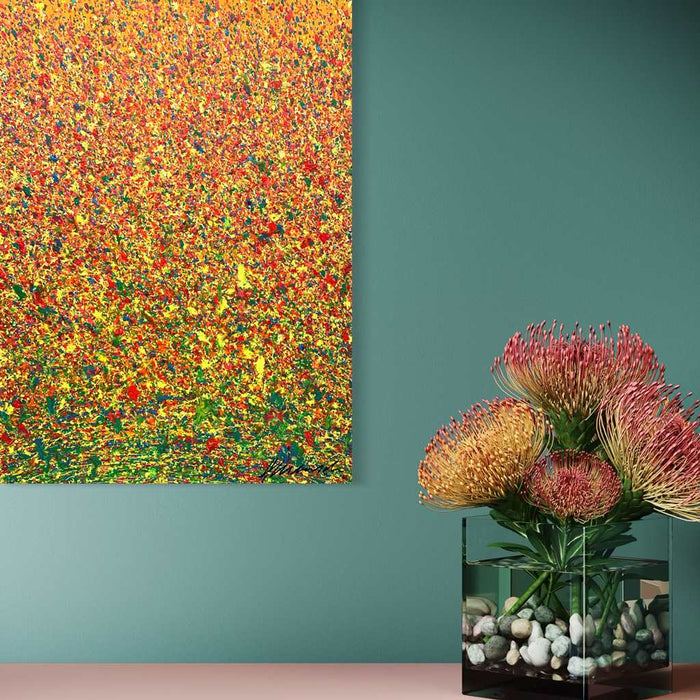 Abstraktes warmes Gemälde Claim 187 (in situ), moderne Abstraktion in Gelb, Rot und Grün, 70x50 cm