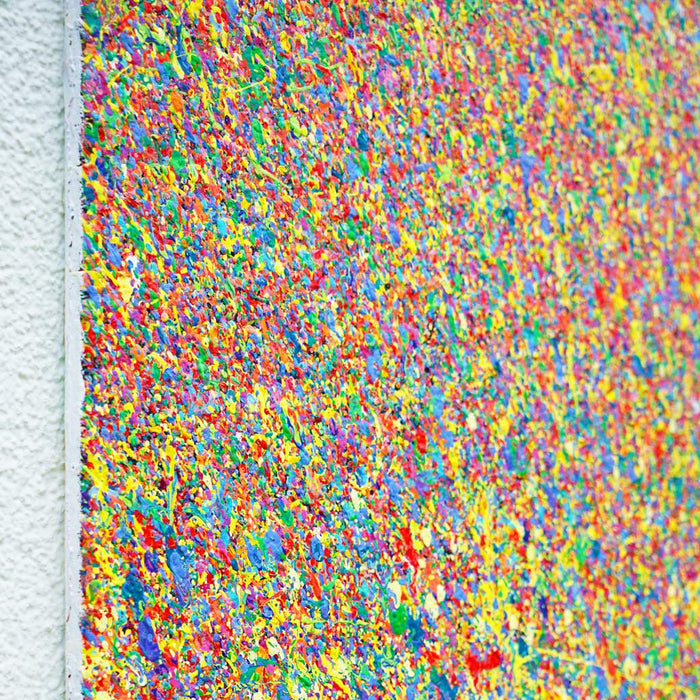 Abstrakte Kunst „Claim 188“ (Ausschnitt und von der Seite), dynamische und lebendige Malerei in Blau, Gelb und Grün, Mischtechnik auf Leinwand. Künstler Mark Hellbusch