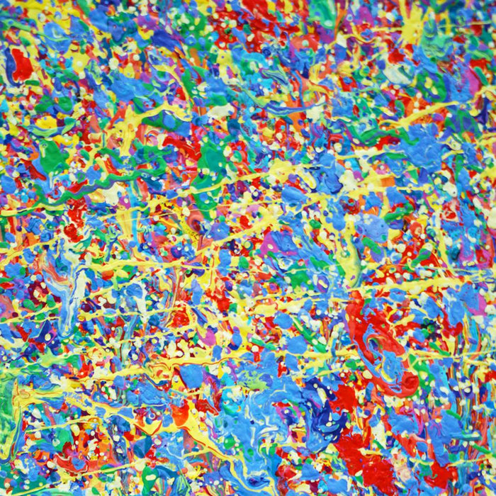Abstrakte Kunst „Claim 188“ (Ausschnitt), dynamische und lebendige Malerei in Blau, Gelb und Grün, Mischtechnik auf Leinwand. Künstler Mark Hellbusch